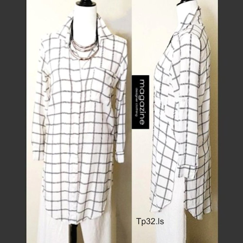 MAGAZINE 100% Rayon Shirt Dress White Checker Roll-tab Sleeved Collar Buttoned